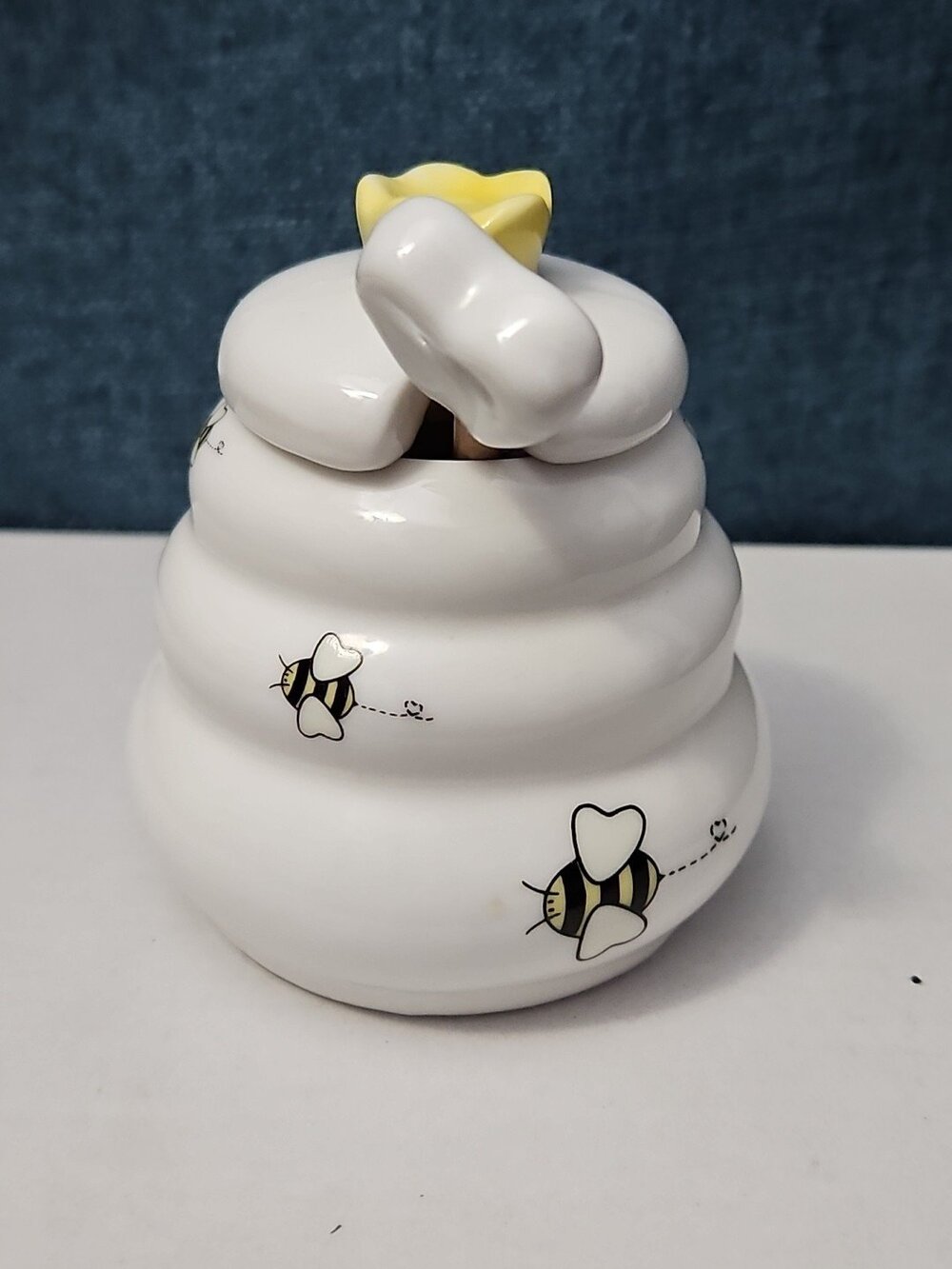 Mini Ceramic Beehive Honey Pot with Wooden Dipper | 3" Bee Theme Kitchen Decor - Picture 2 of 16